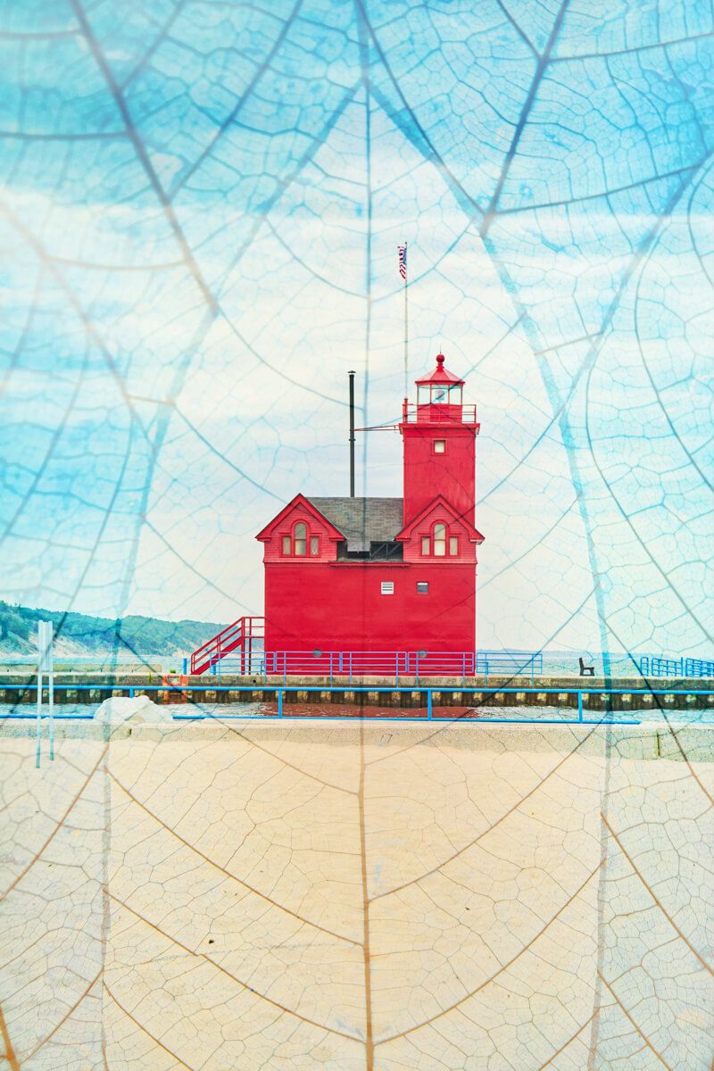 Holland Harbor Lighthouse layered with image of leaves