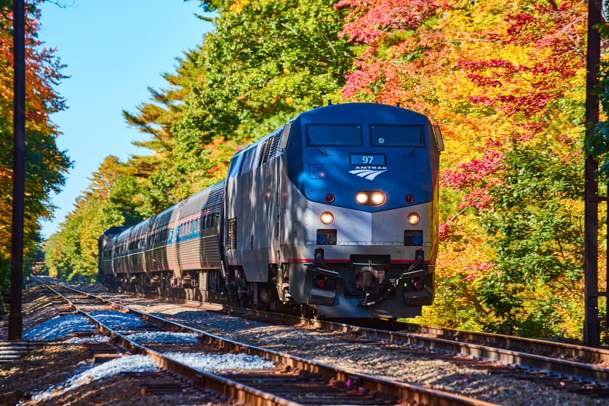 Amtrak train going through fall forest near Old Orchard