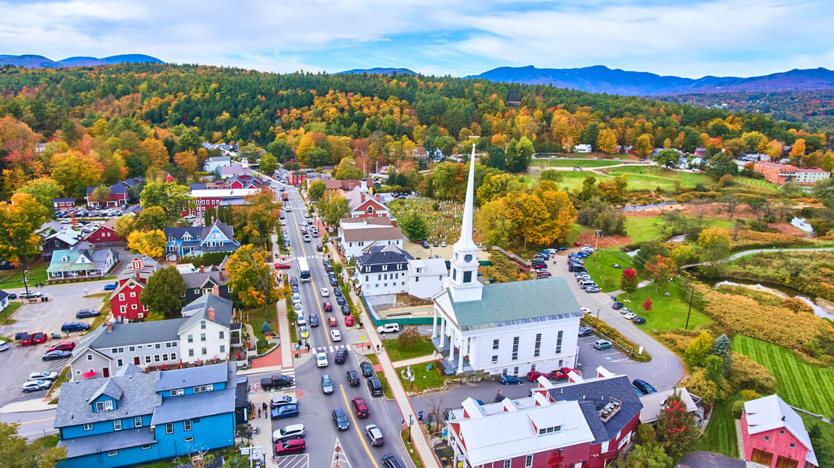 Aerial over quaint town of Stowe (VT)